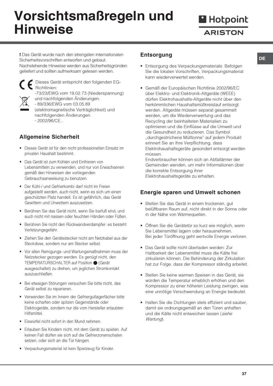 Vorsichtsmaßregeln und hinweise | Hotpoint Ariston Una Porta BSZ 2332 User Manual | Page 37 / 48