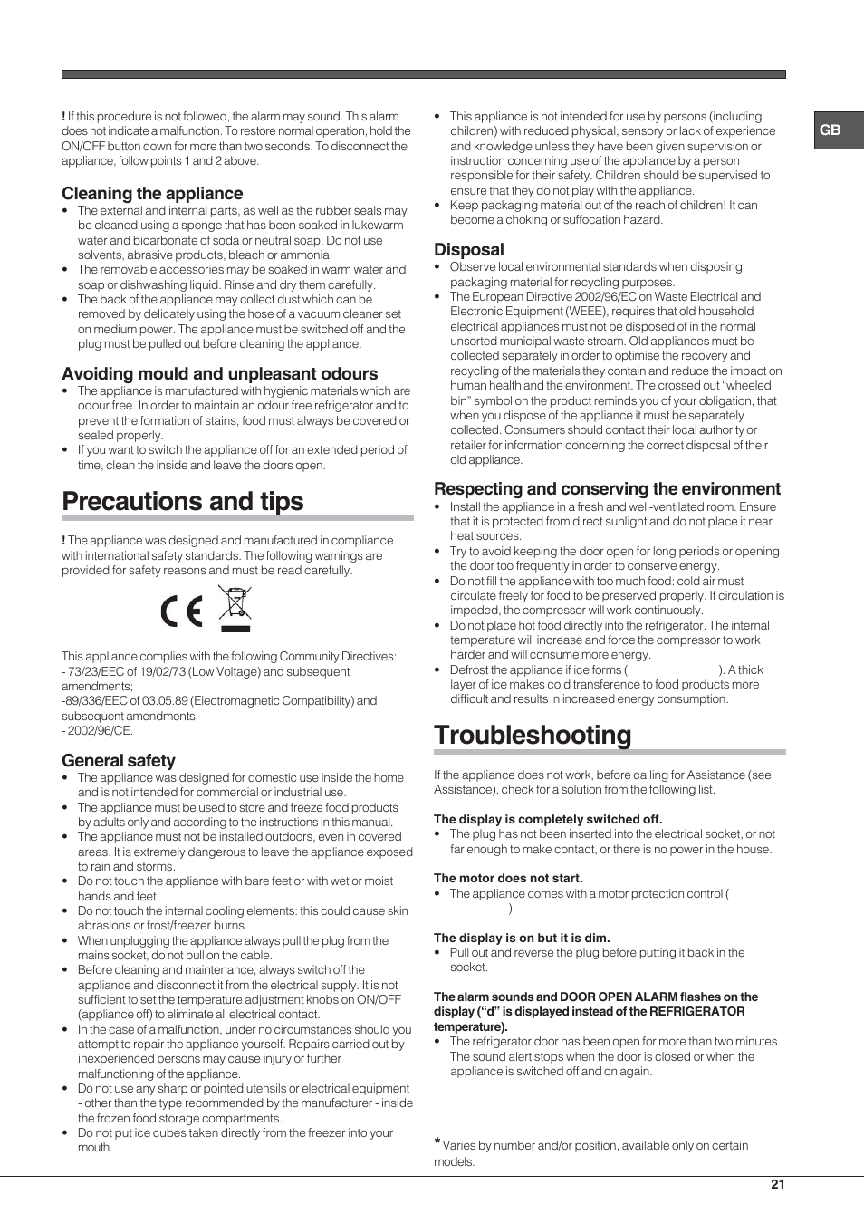 Precautions and tips, Troubleshooting, Cleaning the appliance | Avoiding mould and unpleasant odours, General safety, Disposal, Respecting and conserving the environment | Hotpoint Ariston UPSY 1722 F J User Manual | Page 21 / 52