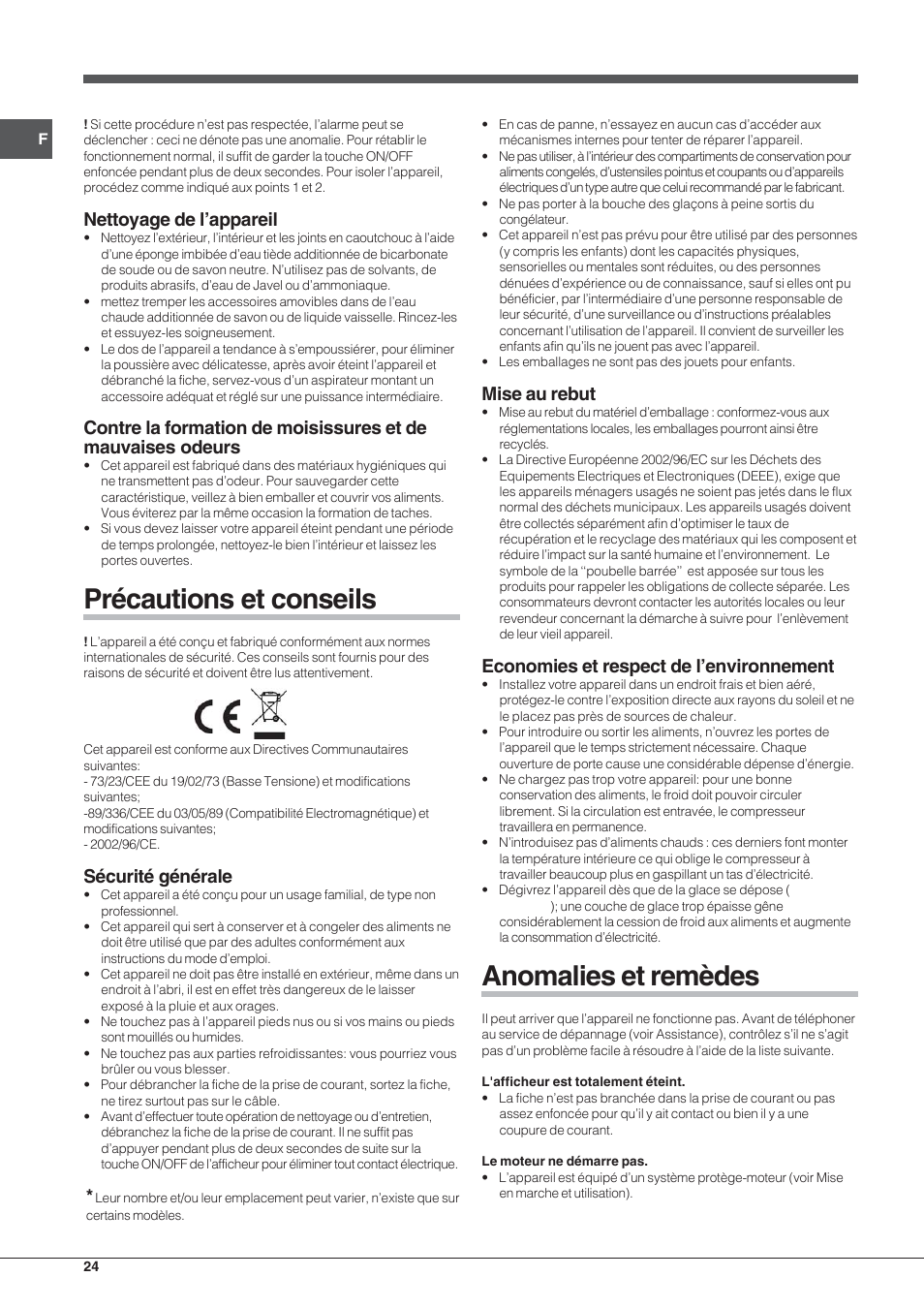Précautions et conseils, Anomalies et remèdes, Nettoyage de l’appareil | Sécurité générale, Mise au rebut, Economies et respect de l’environnement | Hotpoint Ariston UPSY 1722 F J User Manual | Page 24 / 52