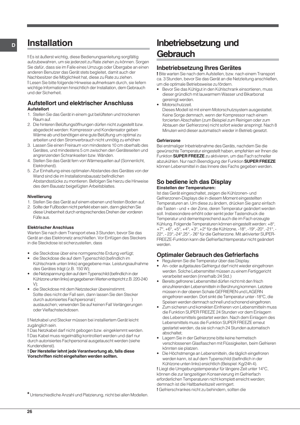 Installation, Inbetriebsetzung und gebrauch, Aufstellort und elektrischer anschluss | Inbetriebsetzung ihres gerätes, So bediene ich das display, Optimaler gebrauch des gefrierfachs | Hotpoint Ariston UPSY 1722 F J User Manual | Page 26 / 52