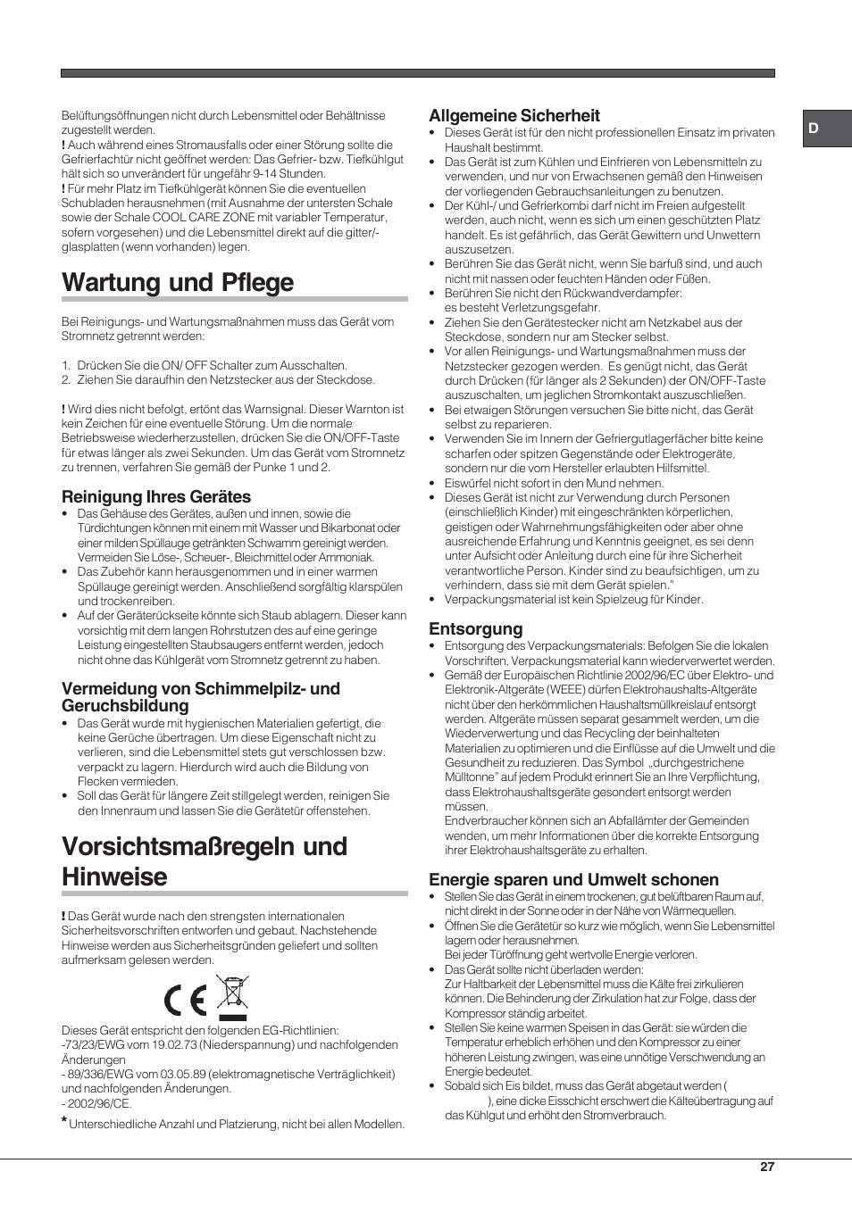 Wartung und pflege, Vorsichtsmaßregeln und hinweise, Reinigung ihres gerätes | Vermeidung von schimmelpilz- und geruchsbildung, Allgemeine sicherheit, Entsorgung, Energie sparen und umwelt schonen | Hotpoint Ariston UPSY 1722 F J User Manual | Page 27 / 52