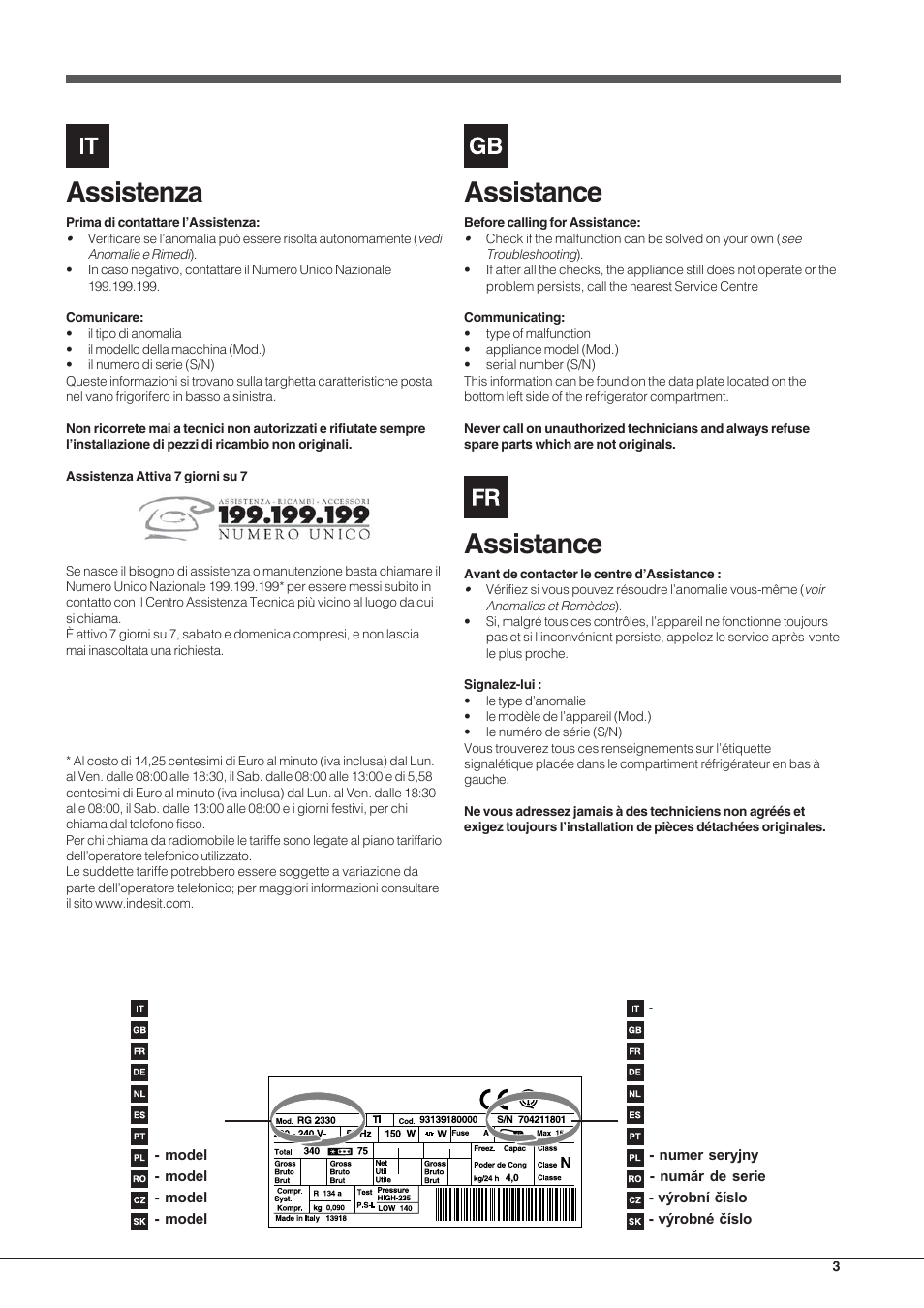 Assistenza, Assistance | Hotpoint Ariston UPSY 1722 F J User Manual | Page 3 / 52
