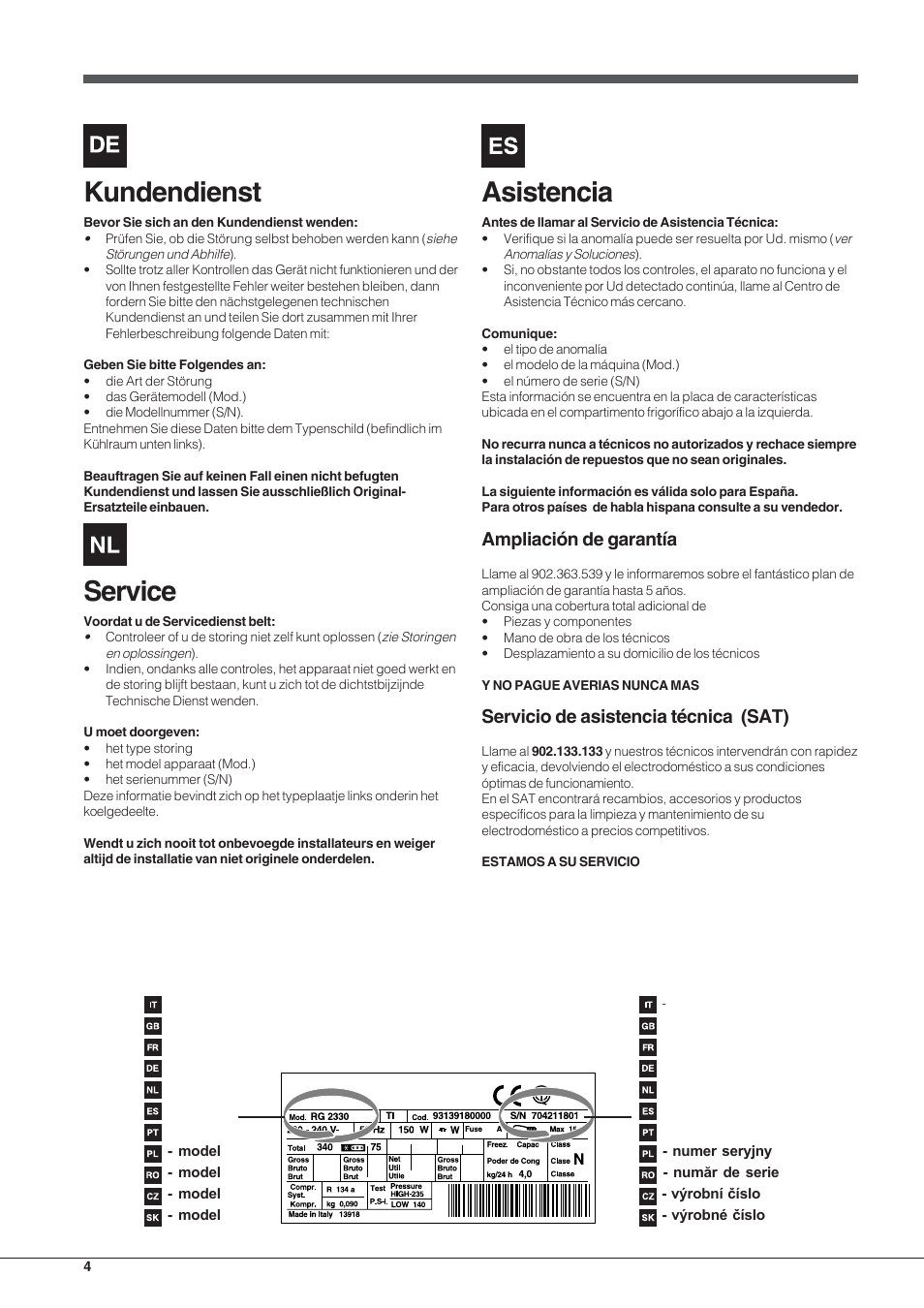 Kundendienst, Service, Asistencia | Ampliación de garantía, Servicio de asistencia técnica (sat) | Hotpoint Ariston UPSY 1722 F J User Manual | Page 4 / 52