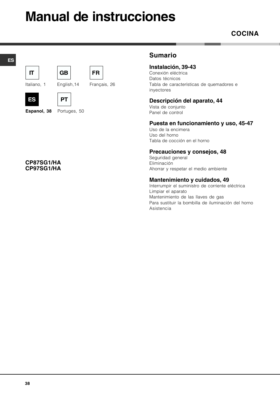 Manual de instrucciones, Cocina, Sumario | Hotpoint Ariston CP97SG1-HA User Manual | Page 38 / 64