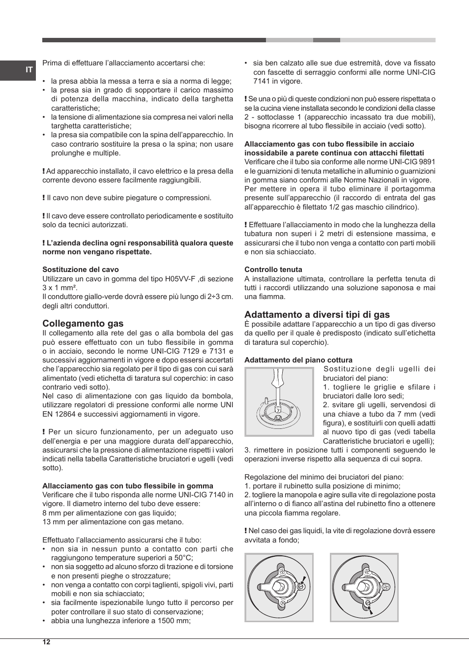 Collegamento gas, Adattamento a diversi tipi di gas | Hotpoint Ariston CP97SG1-HA S User Manual | Page 12 / 52