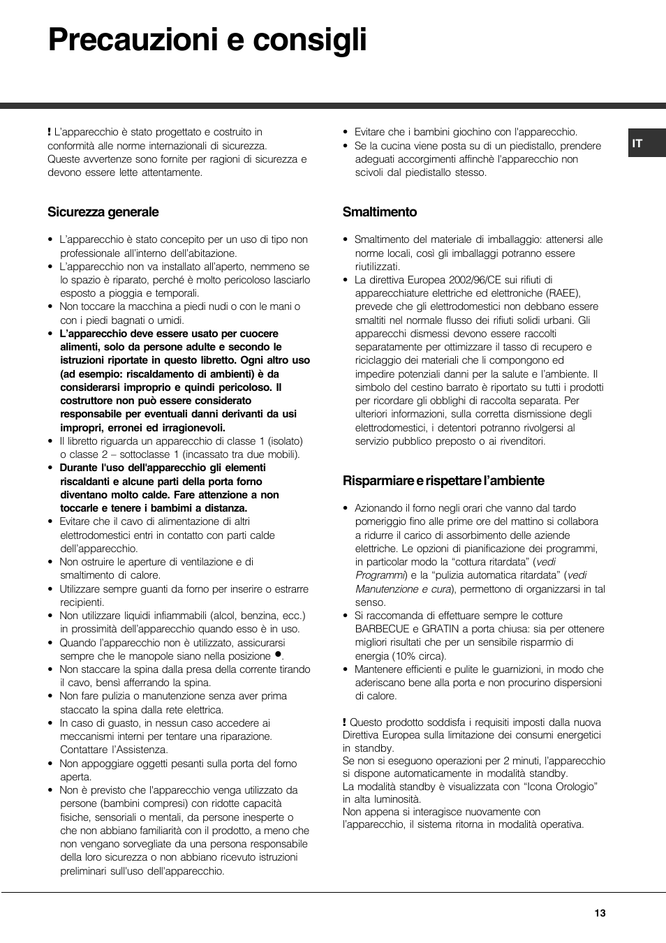 Precauzioni e consigli | Hotpoint Ariston CP97SEA-HA User Manual | Page 13 / 76