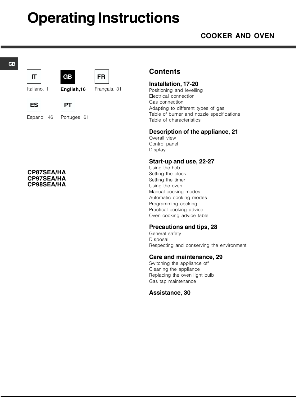 Operating instructions | Hotpoint Ariston CP97SEA-HA User Manual | Page 16 / 76