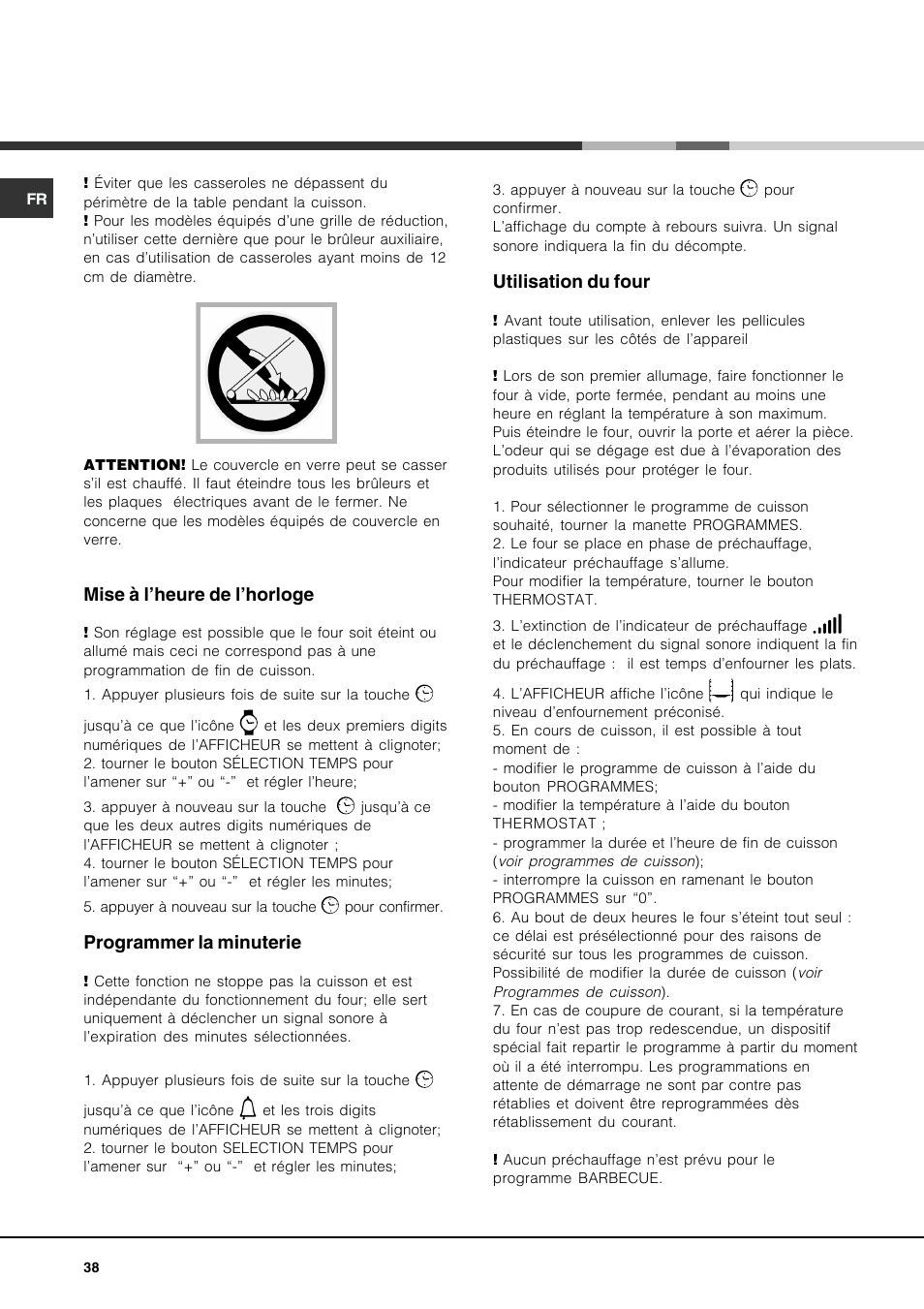 Mise à l’heure de l’horloge, Programmer la minuterie, Utilisation du four | Hotpoint Ariston CP97SEA-HA User Manual | Page 38 / 76