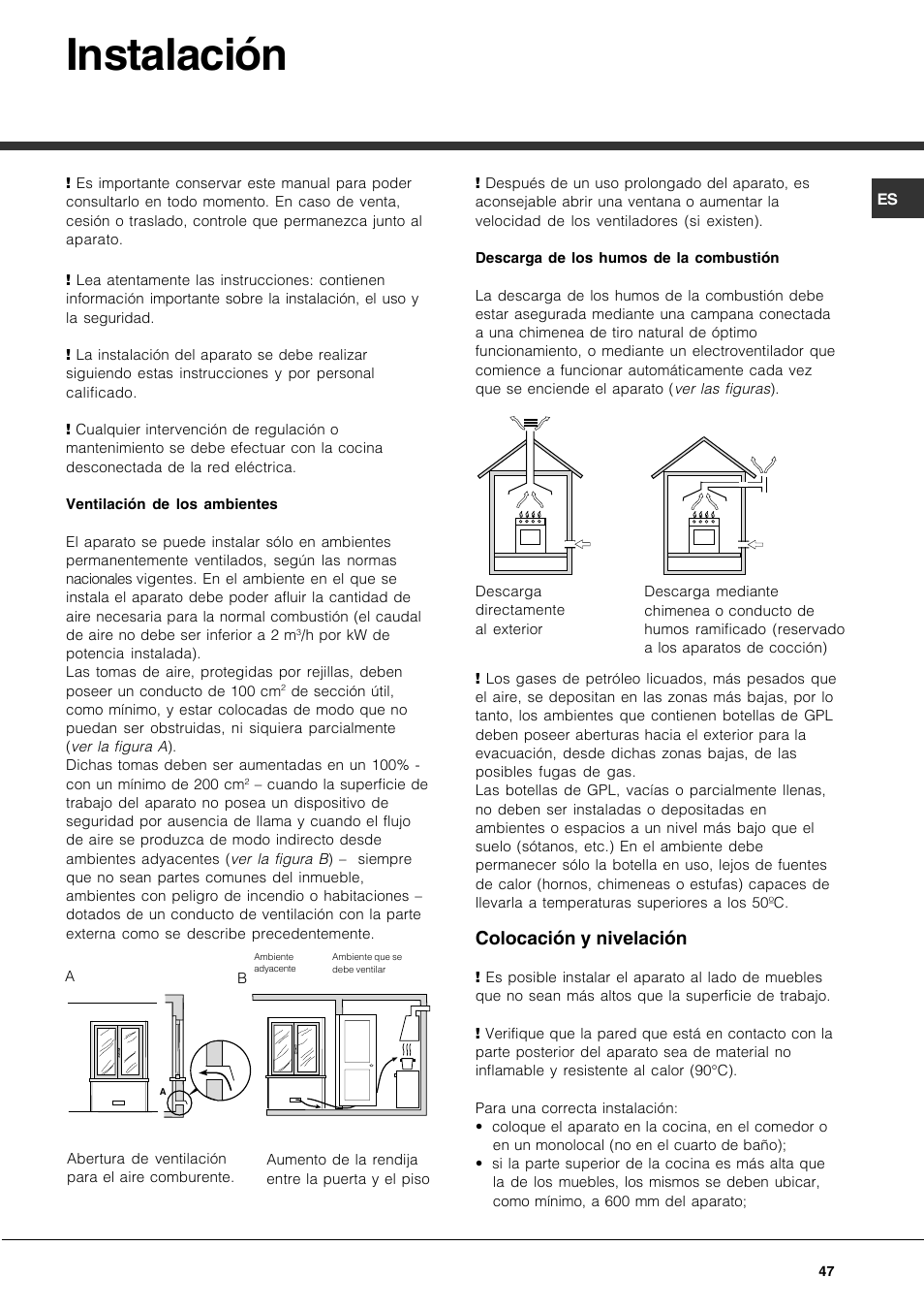 Instalación, Colocación y nivelación | Hotpoint Ariston CP97SEA-HA User Manual | Page 47 / 76