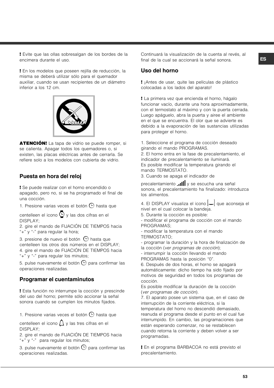 Puesta en hora del reloj, Programar el cuentaminutos, Uso del horno | Hotpoint Ariston CP97SEA-HA User Manual | Page 53 / 76