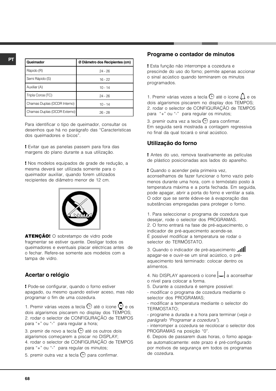 Acertar o relógio, Programe o contador de minutos, Utilização do forno | Hotpoint Ariston CP97SEA-HA User Manual | Page 68 / 76