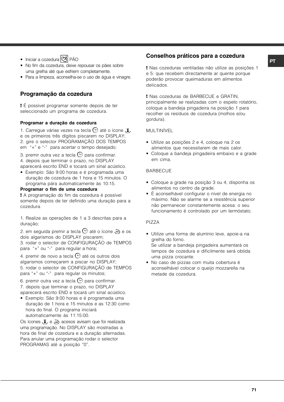 Programação da cozedura, Conselhos práticos para a cozedura | Hotpoint Ariston CP97SEA-HA User Manual | Page 71 / 76