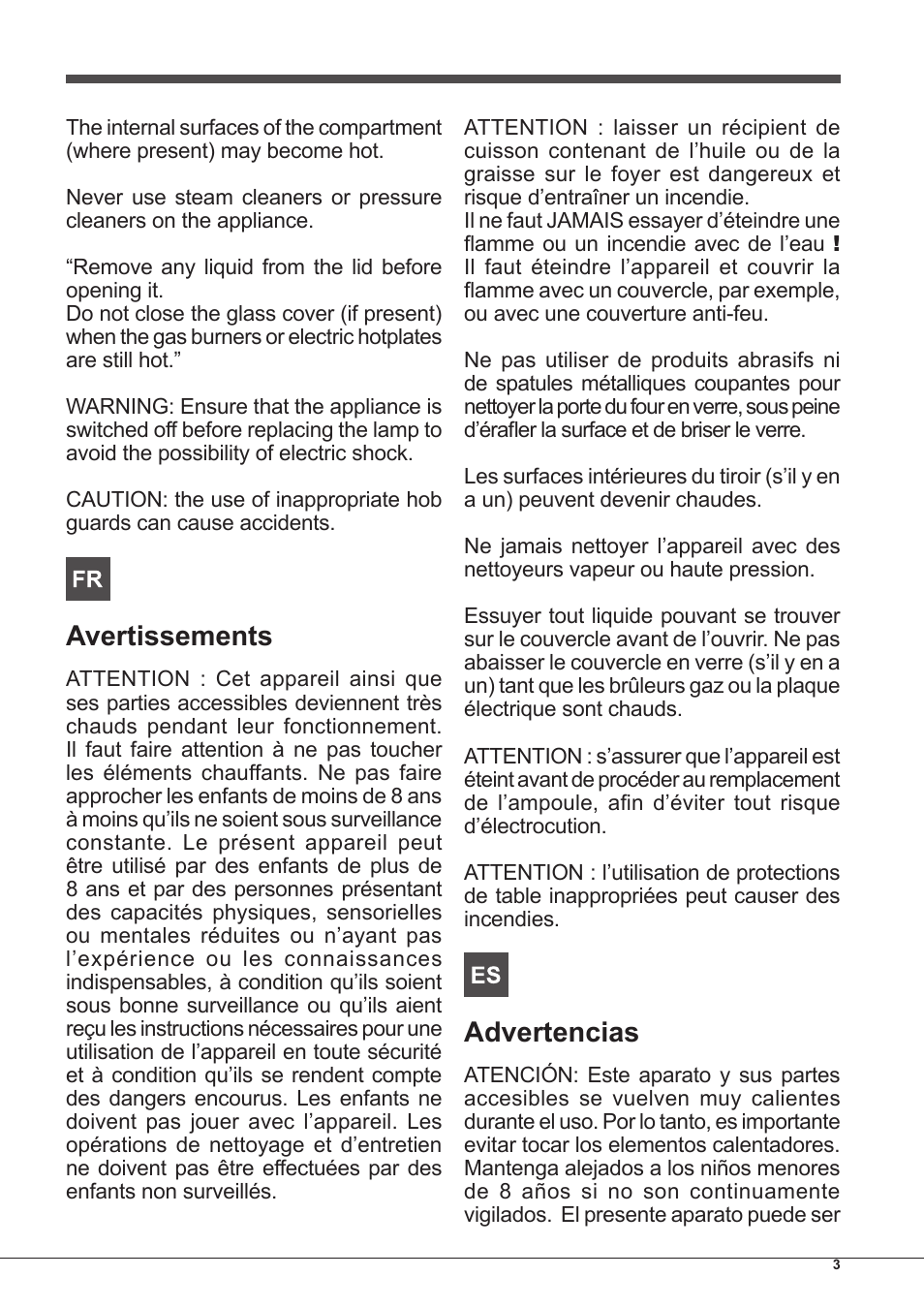 Avertissements, Advertencias | Hotpoint Ariston CP97SEA-HA S User Manual | Page 3 / 68