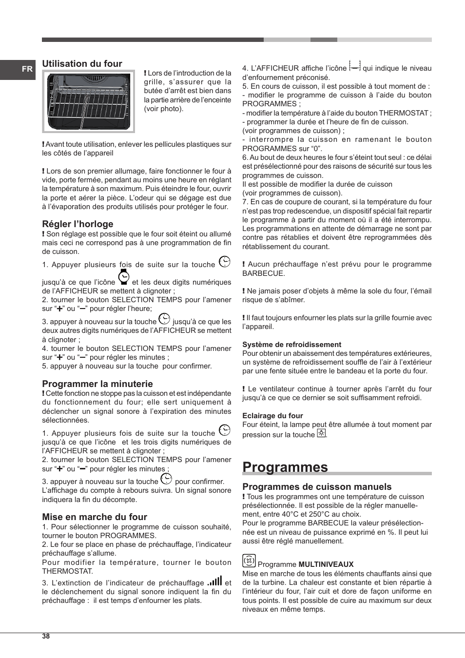 Programmes, Utilisation du four, Régler l’horloge | Programmer la minuterie, Mise en marche du four, Programmes de cuisson manuels | Hotpoint Ariston CP97SEA-HA S User Manual | Page 38 / 68