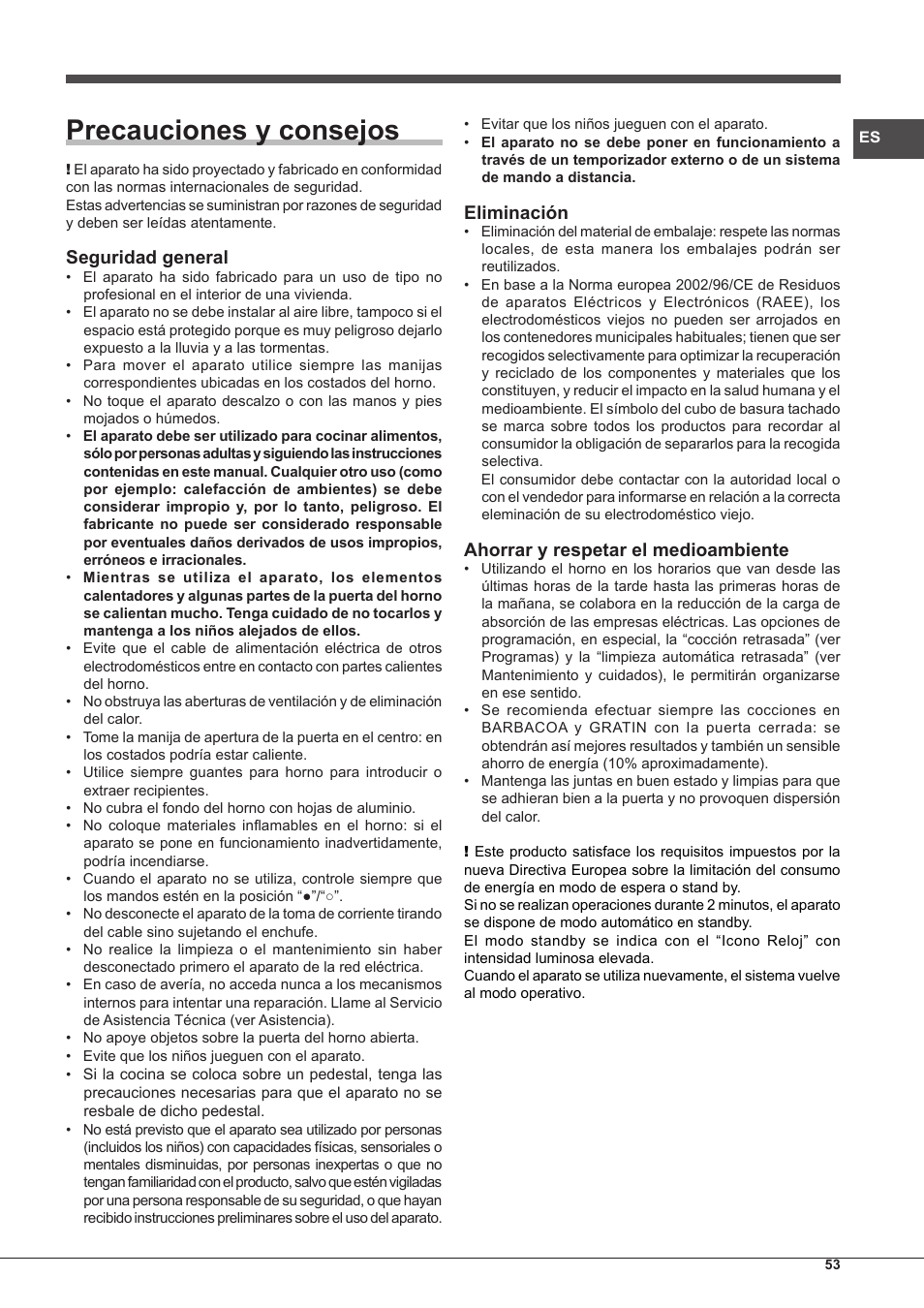 Precauciones y consejos, Seguridad general, Eliminación | Ahorrar y respetar el medioambiente | Hotpoint Ariston CP97SEA-HA S User Manual | Page 53 / 68