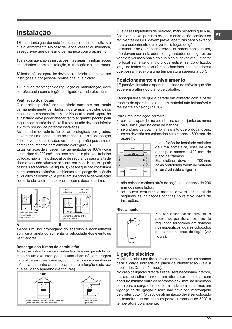 Instalação, Posicionamento e nivelamento, Ligação eléctrica | Hotpoint Ariston CP97SEA-HA S User Manual | Page 55 / 68