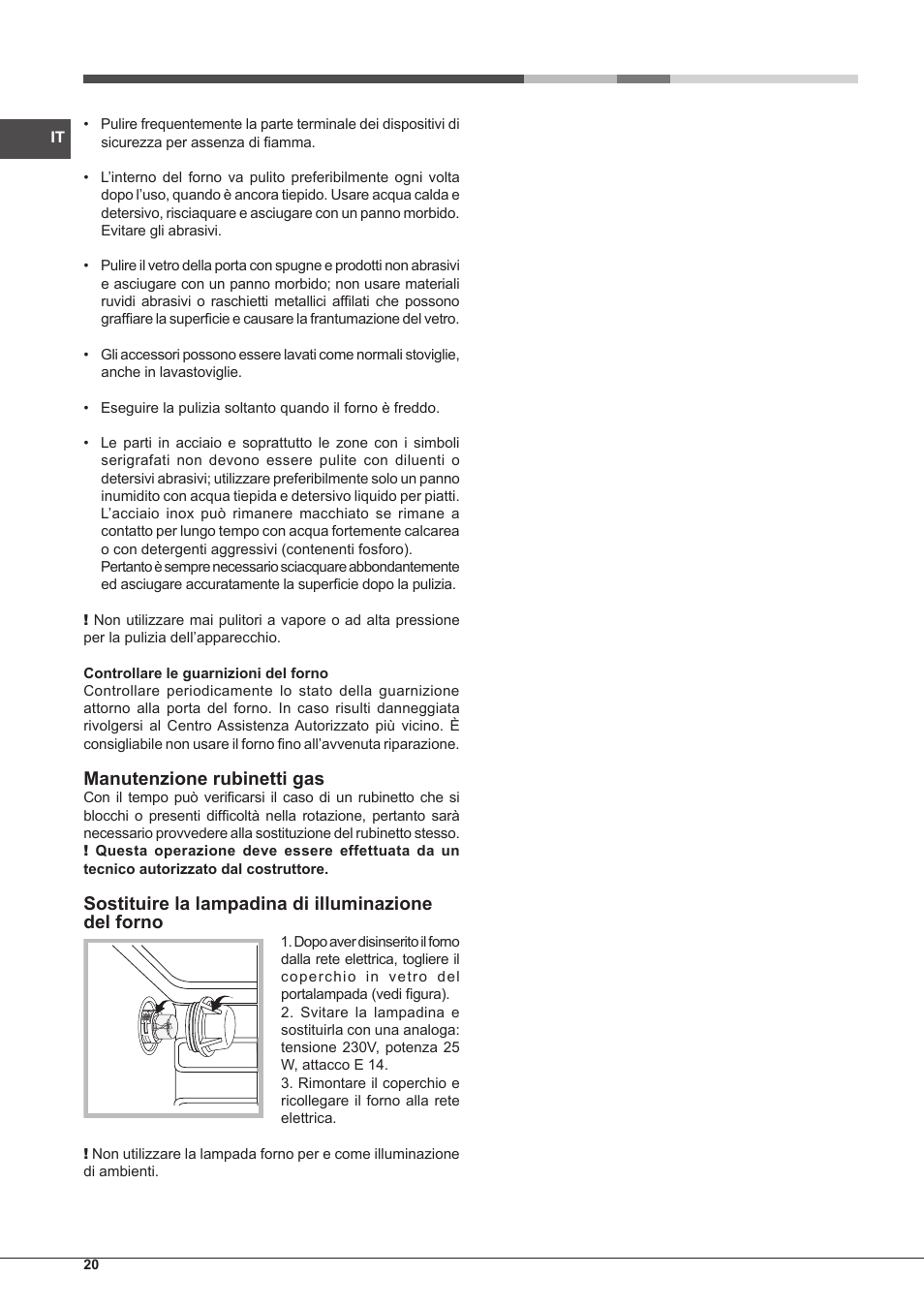 Manutenzione rubinetti gas, Sostituire la lampadina di illuminazione del forno | Hotpoint Ariston CP77SP2-HA S User Manual | Page 20 / 64
