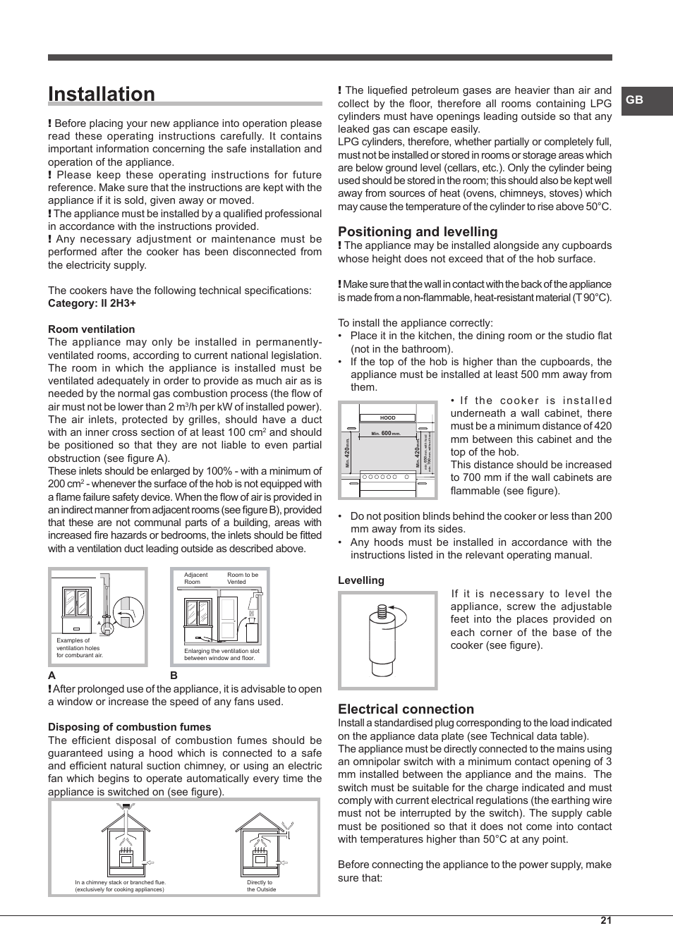 Installation, Positioning and levelling, Electrical connection | Hotpoint Ariston CP77SP2-HA S User Manual | Page 21 / 64