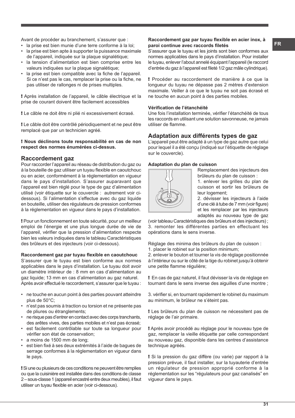Raccordement gaz, Adaptation aux différents types de gaz | Hotpoint Ariston CP77SP2-HA S User Manual | Page 31 / 64