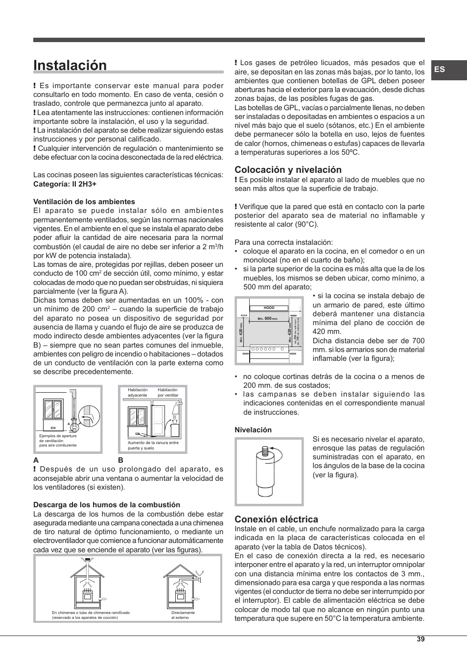 Instalación, Colocación y nivelación, Conexión eléctrica | Hotpoint Ariston CP77SP2-HA S User Manual | Page 39 / 64