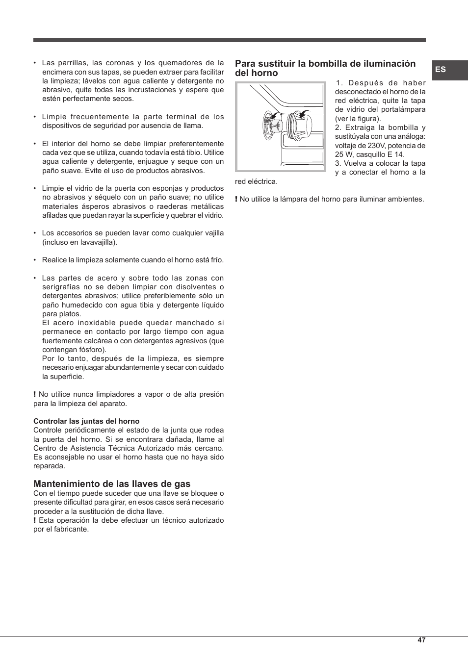 Mantenimiento de las llaves de gas | Hotpoint Ariston CP77SP2-HA S User Manual | Page 47 / 64
