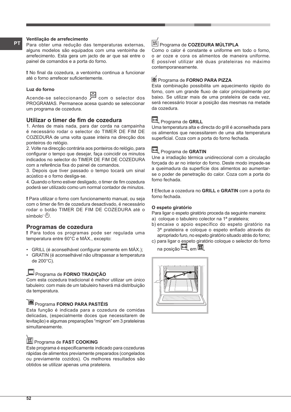 Utilizar o timer de fim de cozedura, Programas de cozedura | Hotpoint Ariston CP77SP2-HA S User Manual | Page 52 / 64