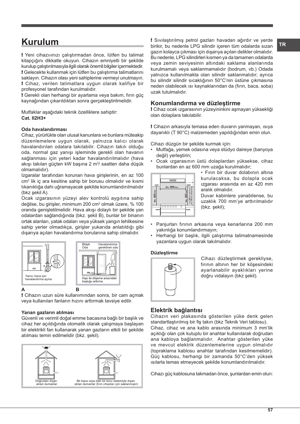 Kurulum, Konumlandırma ve düzleştirme, Elektrik bağlantısı | Hotpoint Ariston CP77SP2-HA S User Manual | Page 57 / 64