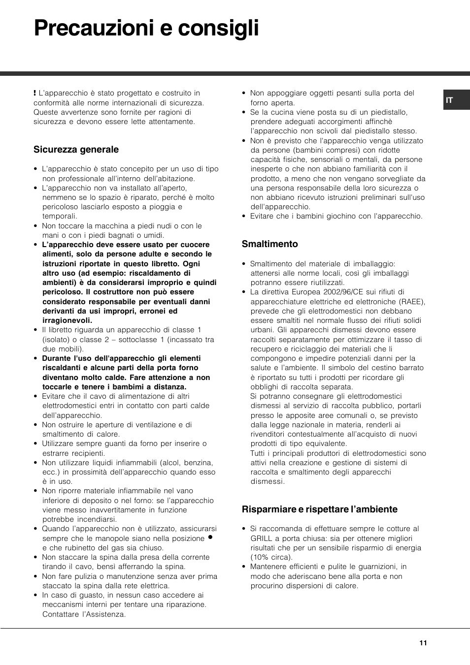 Precauzioni e consigli | Hotpoint Ariston CP77SG1-HA User Manual | Page 11 / 76