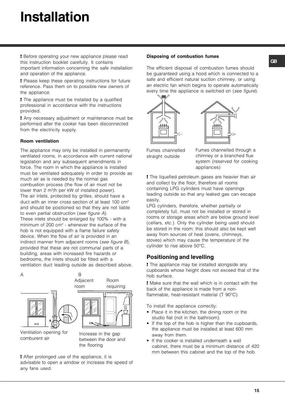 Installation, Positioning and levelling | Hotpoint Ariston CP77SG1-HA User Manual | Page 15 / 76