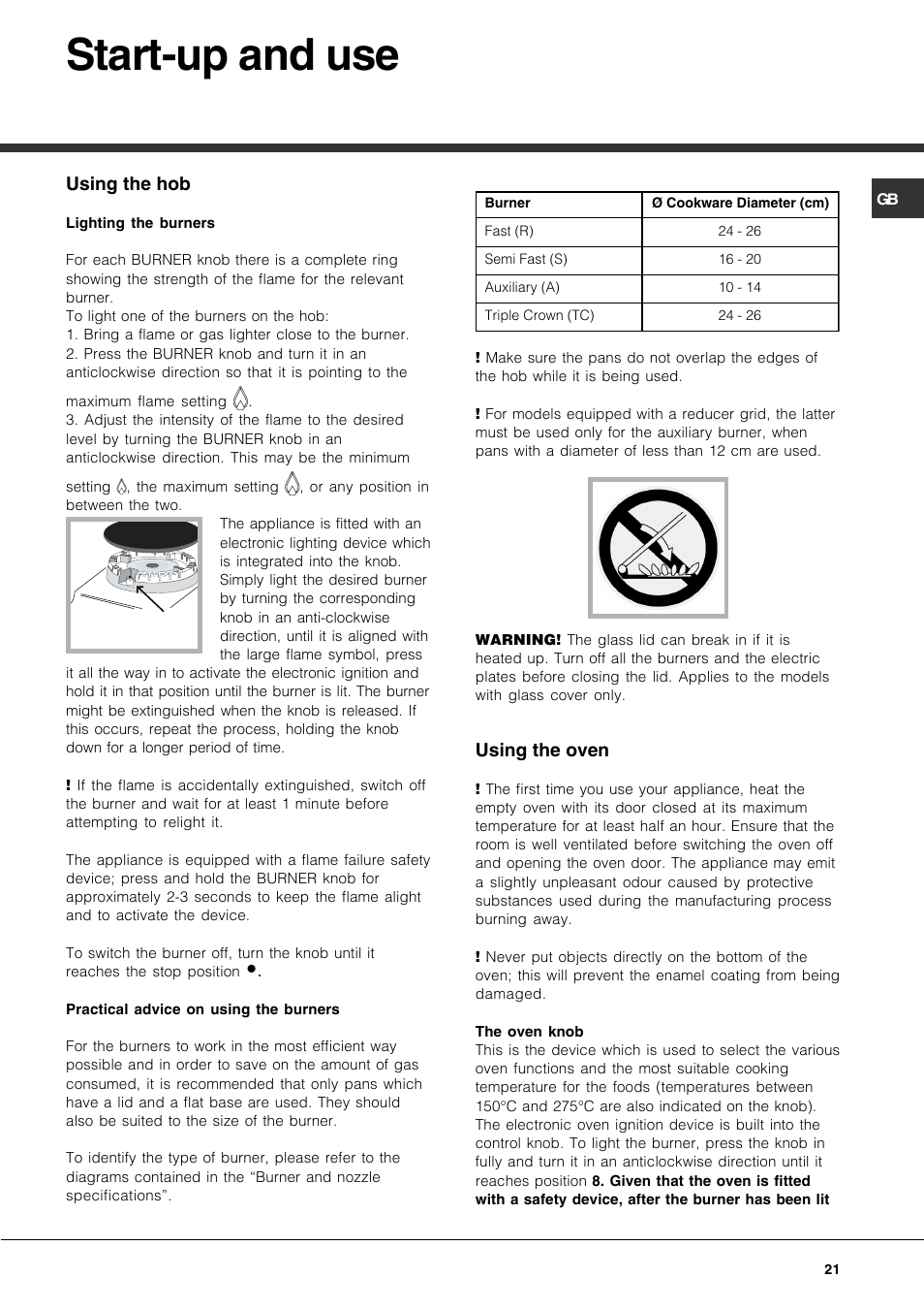 Start-up and use | Hotpoint Ariston CP77SG1-HA User Manual | Page 21 / 76