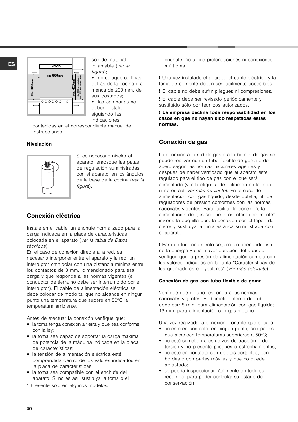 Conexión eléctrica, Conexión de gas | Hotpoint Ariston CP77SG1-HA User Manual | Page 40 / 76