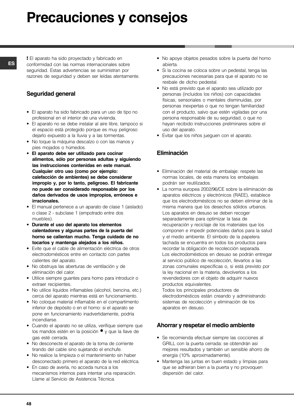 Precauciones y consejos | Hotpoint Ariston CP77SG1-HA User Manual | Page 48 / 76