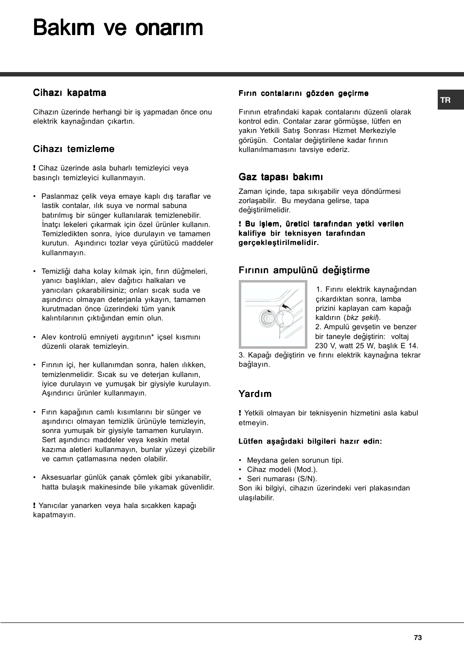 Bakým ve onarým | Hotpoint Ariston CP77SG1-HA User Manual | Page 73 / 76