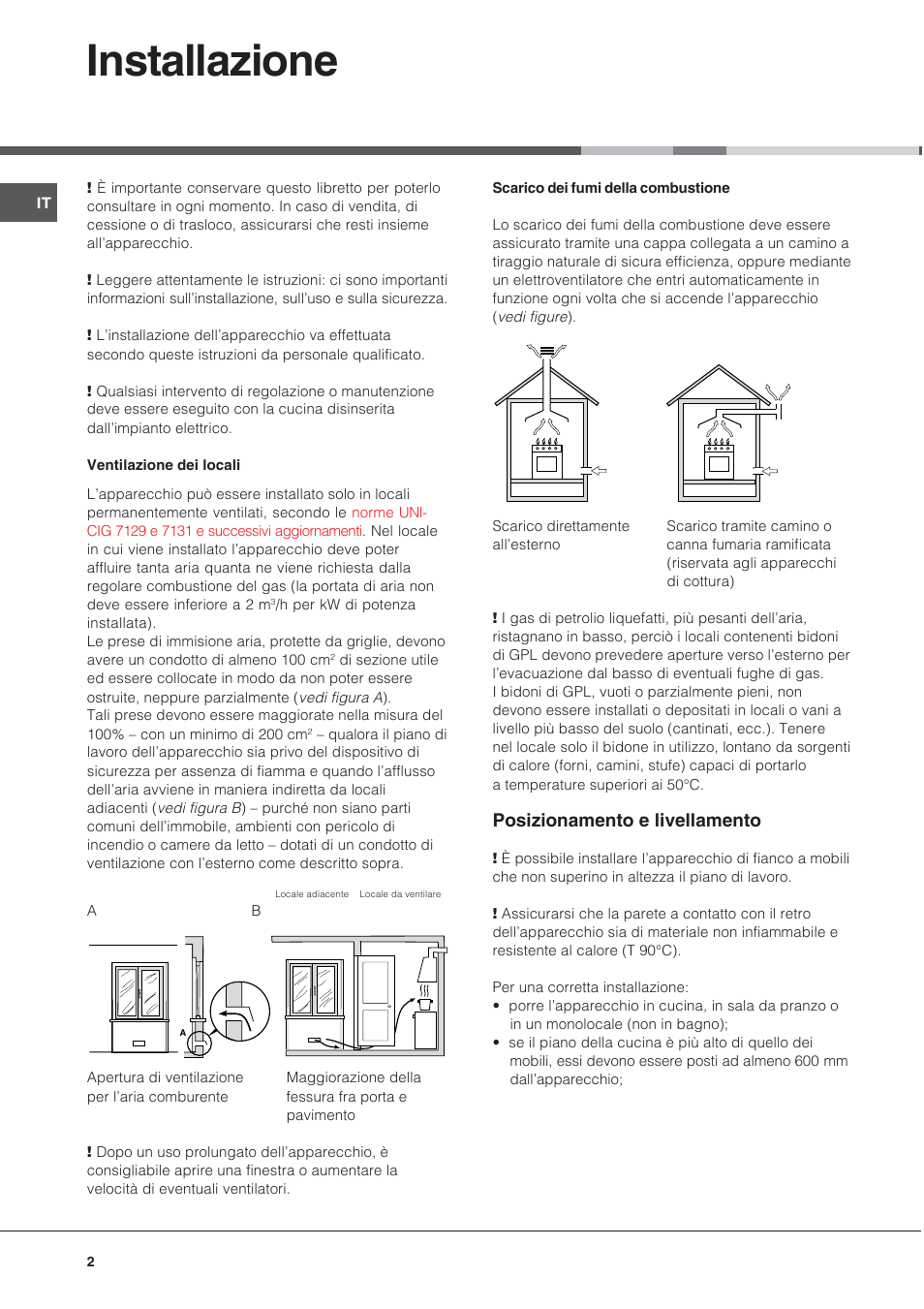Installazione, Posizionamento e livellamento | Hotpoint Ariston CX65SP1 (X) I-HA User Manual | Page 2 / 60