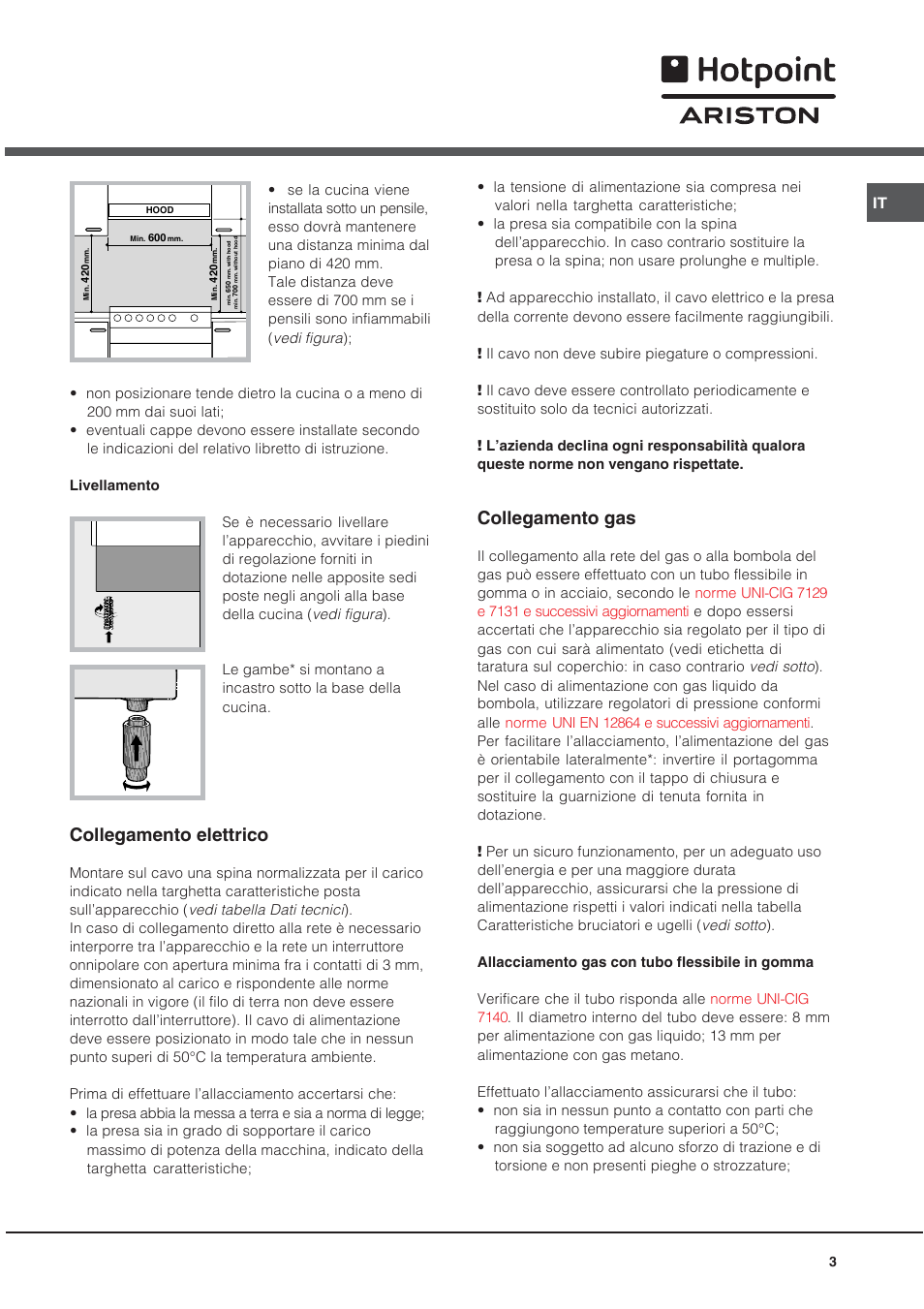 Collegamento elettrico, Collegamento gas | Hotpoint Ariston CX65SP1 (X) I-HA User Manual | Page 3 / 60