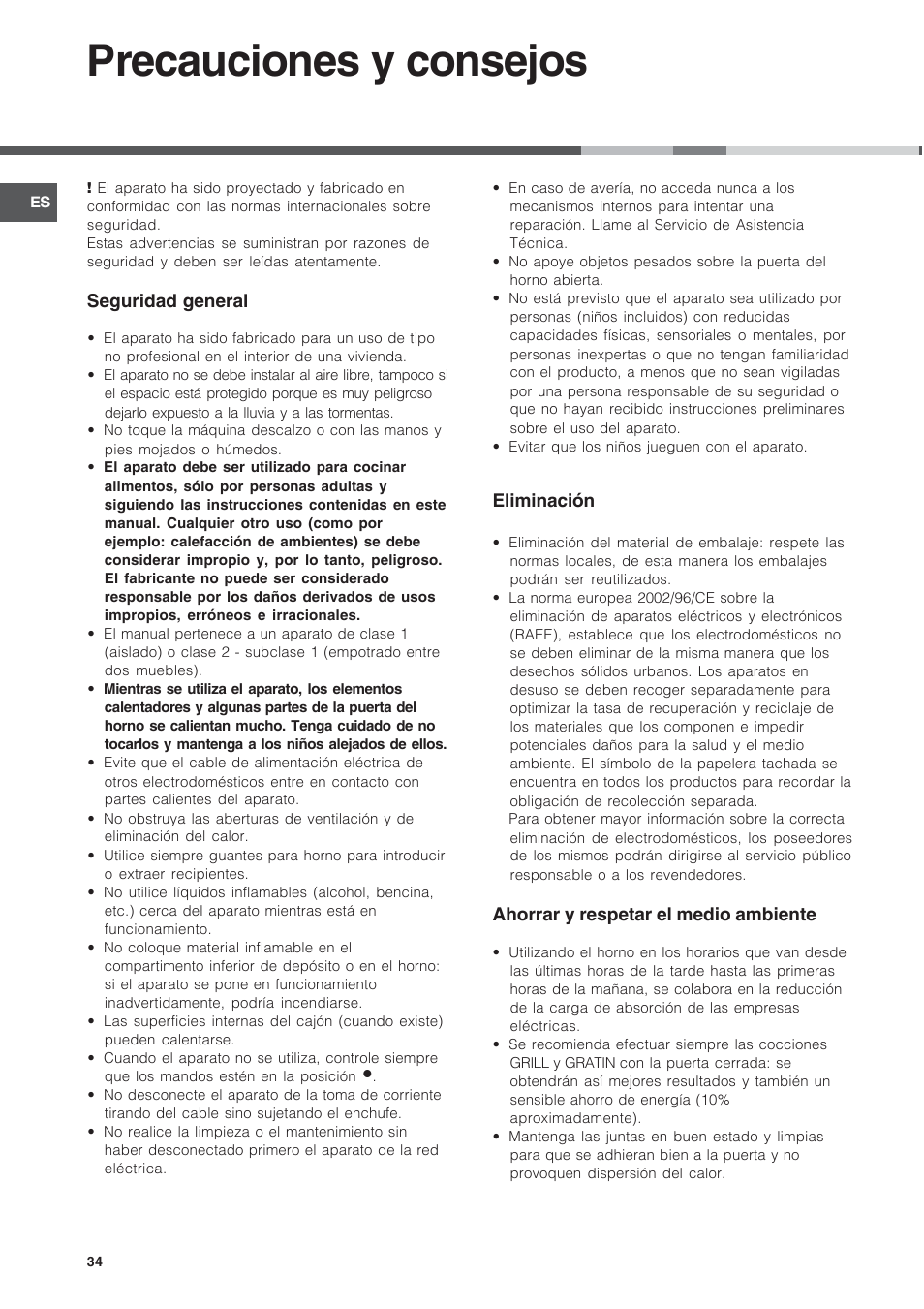 Precauciones y consejos | Hotpoint Ariston CX65SP1 (X) I-HA User Manual | Page 34 / 60