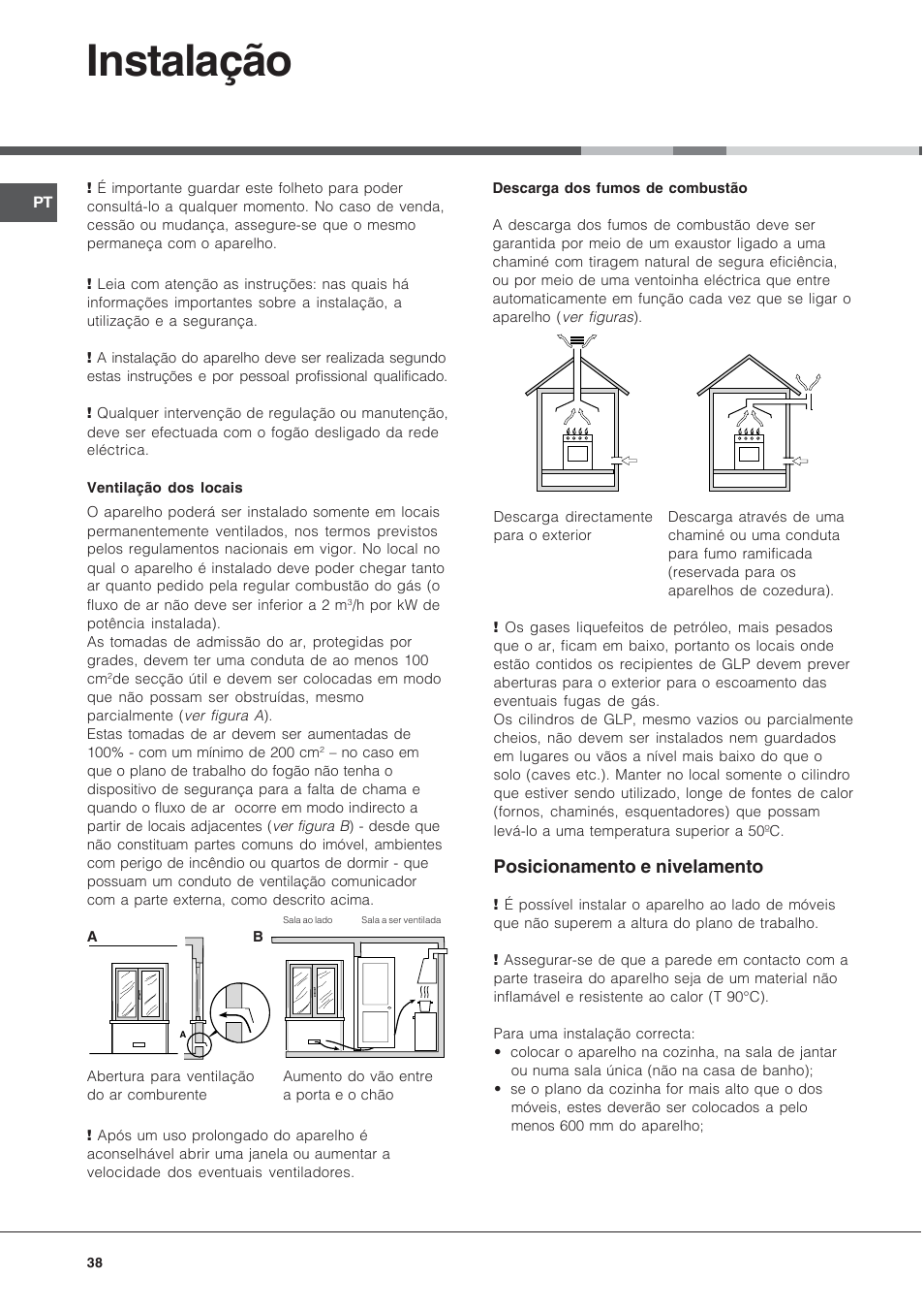 Instalação, Posicionamento e nivelamento | Hotpoint Ariston CX65SP1 (X) I-HA User Manual | Page 38 / 60