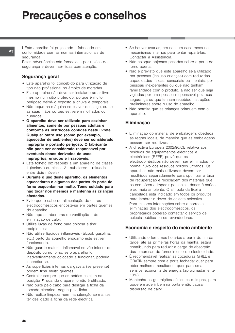 Precauções e conselhos | Hotpoint Ariston CX65SP1 (X) I-HA User Manual | Page 46 / 60