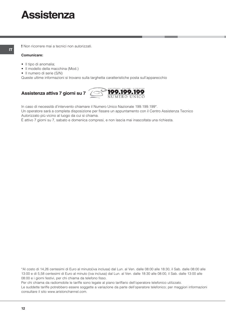 Assistenza | Hotpoint Ariston CX65SP1 (W) I /HA User Manual | Page 12 / 60