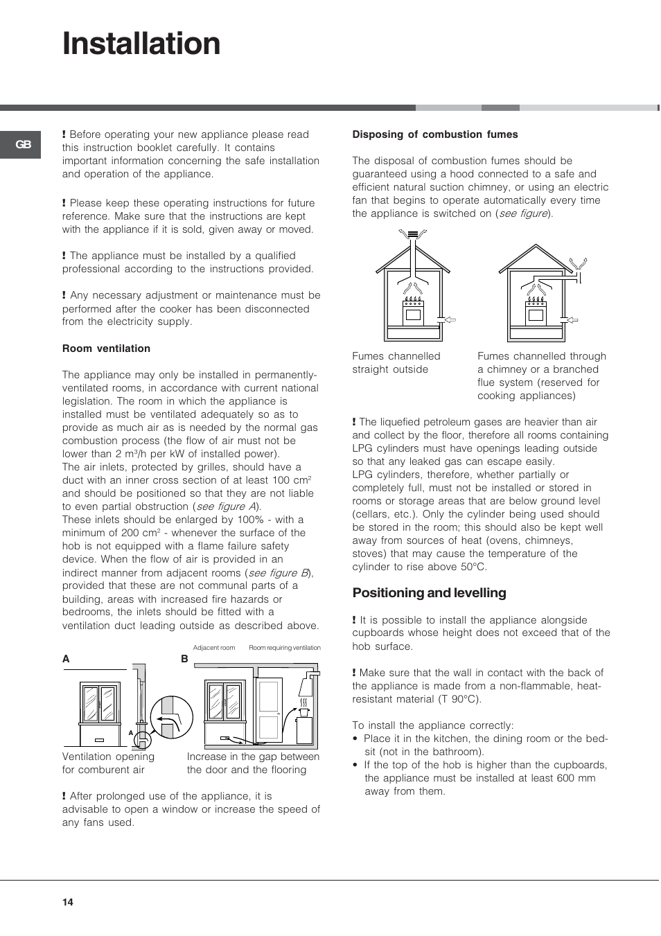 Installation, Positioning and levelling | Hotpoint Ariston CX65SP1 (W) I /HA User Manual | Page 14 / 60