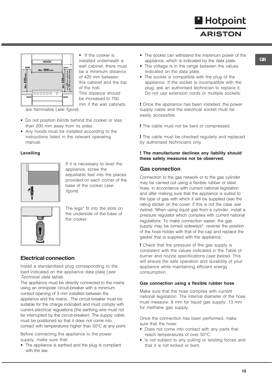 Electrical connection, Gas connection | Hotpoint Ariston CX65SP1 (W) I /HA User Manual | Page 15 / 60