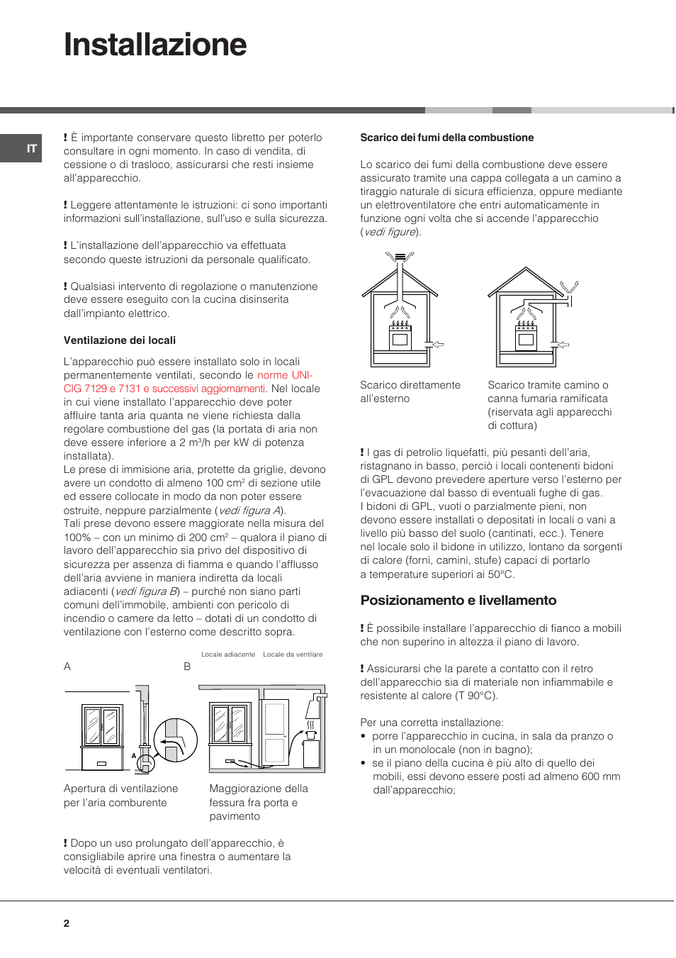 Installazione, Posizionamento e livellamento | Hotpoint Ariston CX65SP1 (W) I /HA User Manual | Page 2 / 60