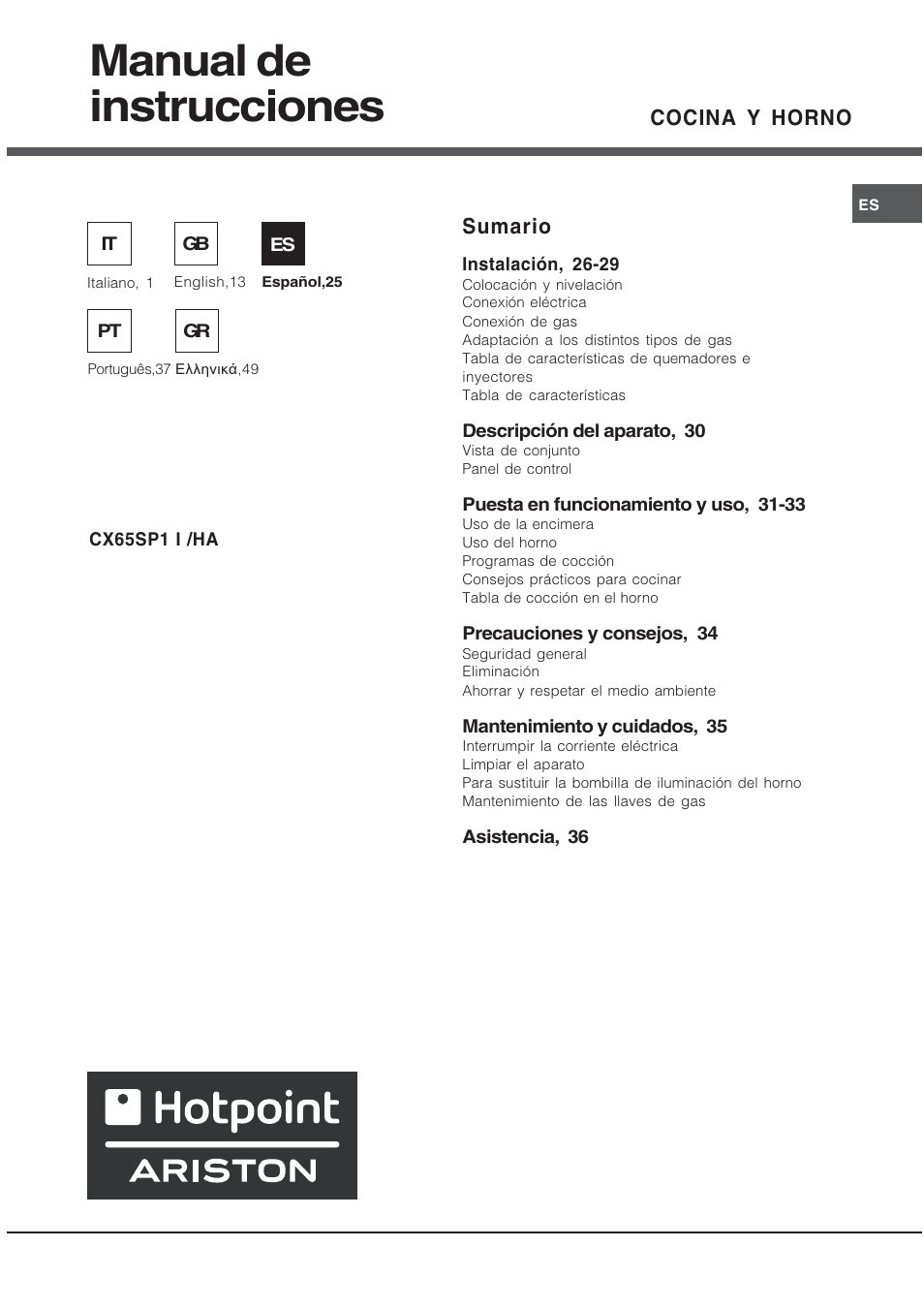 Manual de instrucciones, Cocina y horno, Sumario | Hotpoint Ariston CX65SP1 (W) I /HA User Manual | Page 25 / 60