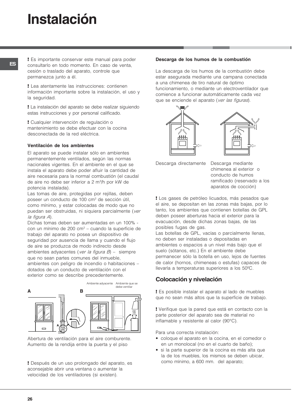 Instalación, Colocación y nivelación | Hotpoint Ariston CX65SP1 (W) I /HA User Manual | Page 26 / 60