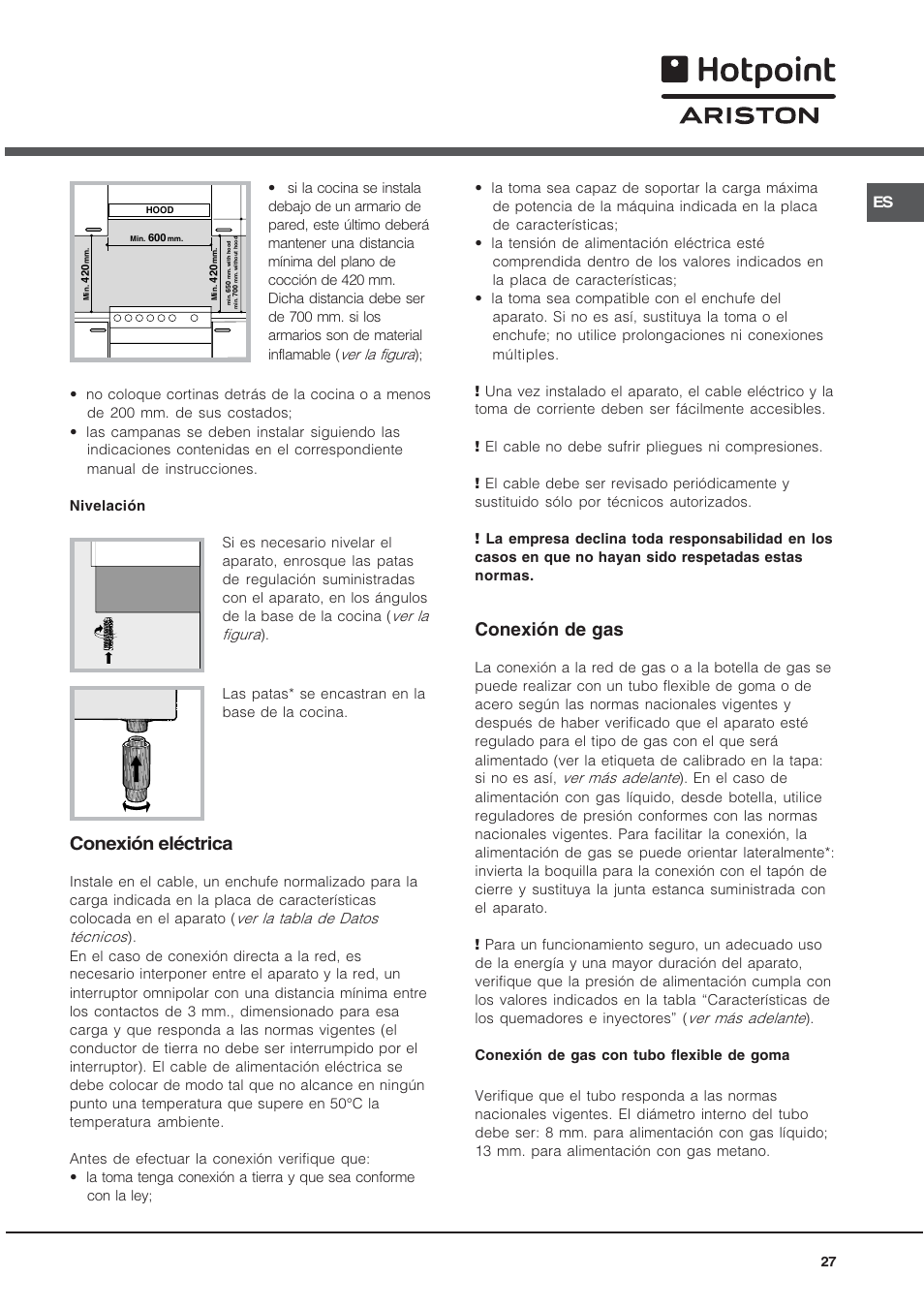 Conexión eléctrica, Conexión de gas | Hotpoint Ariston CX65SP1 (W) I /HA User Manual | Page 27 / 60