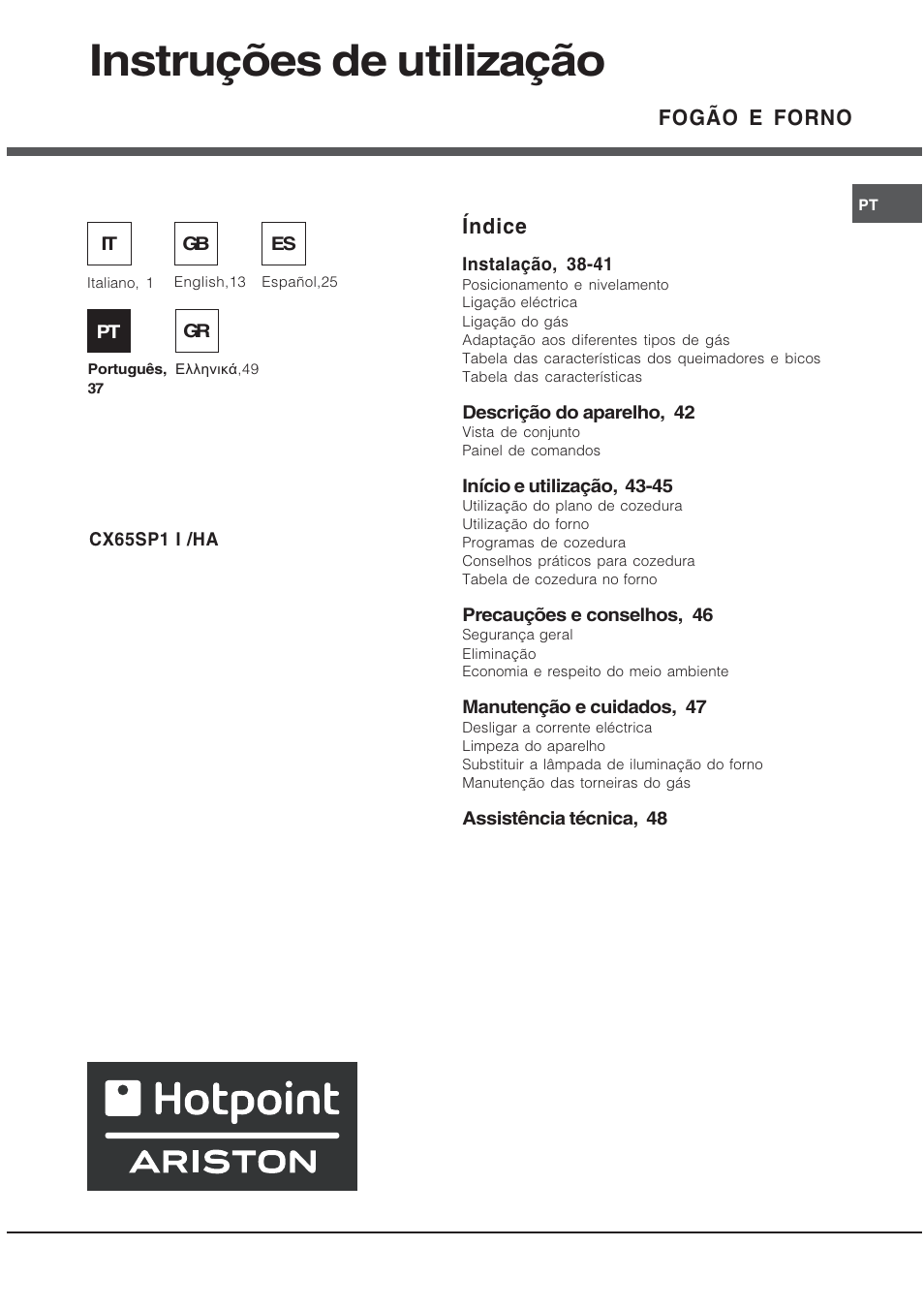 Instruções de utilização, Fogão e forno, Índice | Hotpoint Ariston CX65SP1 (W) I /HA User Manual | Page 37 / 60