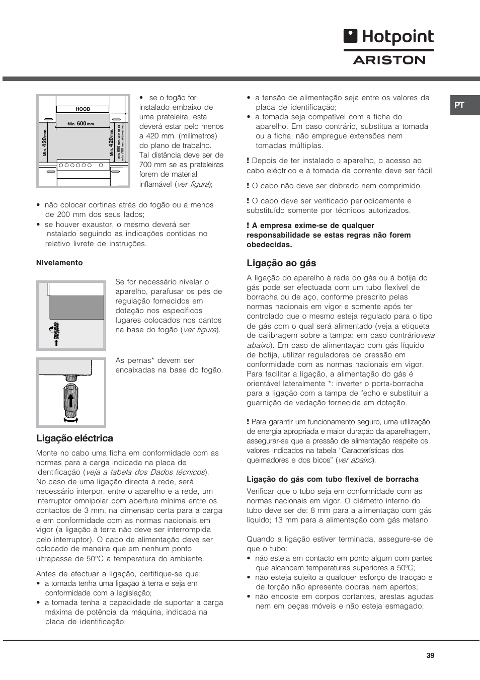 Ligação eléctrica, Ligação ao gás | Hotpoint Ariston CX65SP1 (W) I /HA User Manual | Page 39 / 60