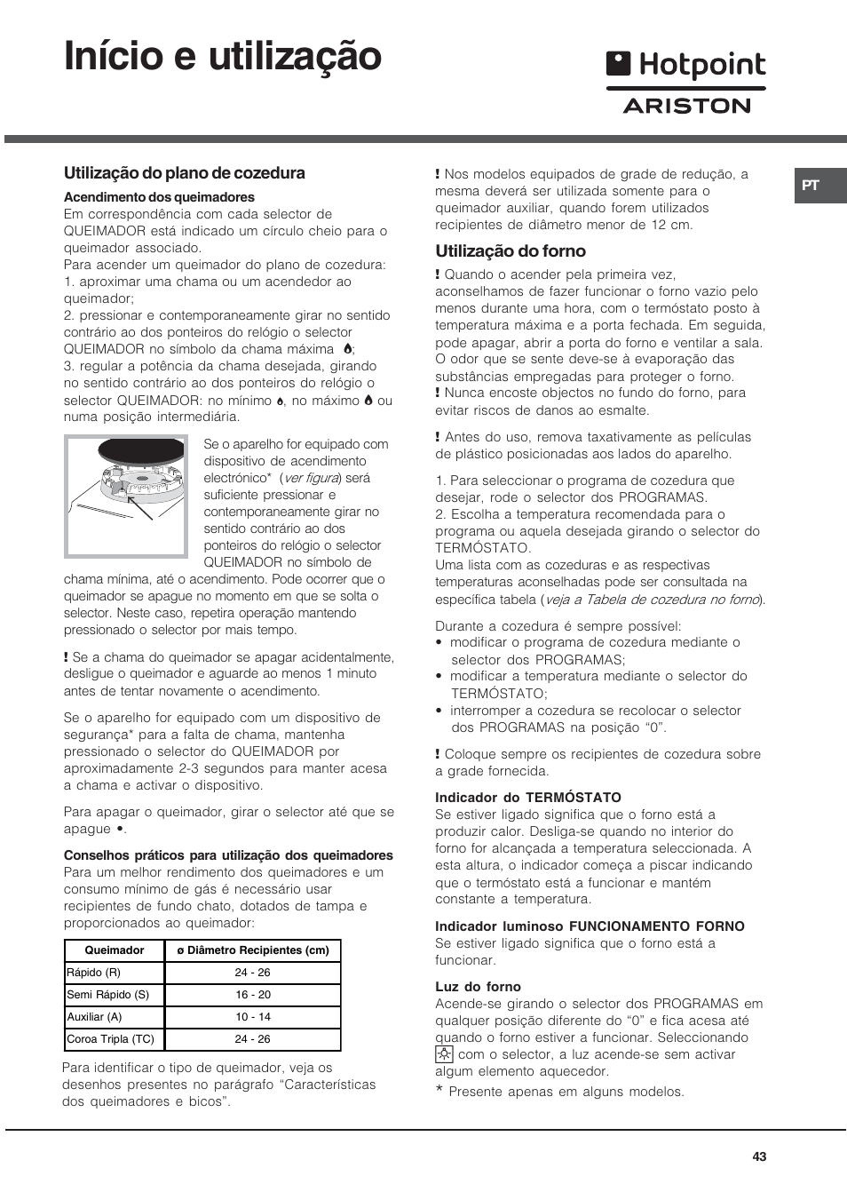 Início e utilização, Utilização do plano de cozedura, Utilização do forno | Hotpoint Ariston CX65SP1 (W) I /HA User Manual | Page 43 / 60