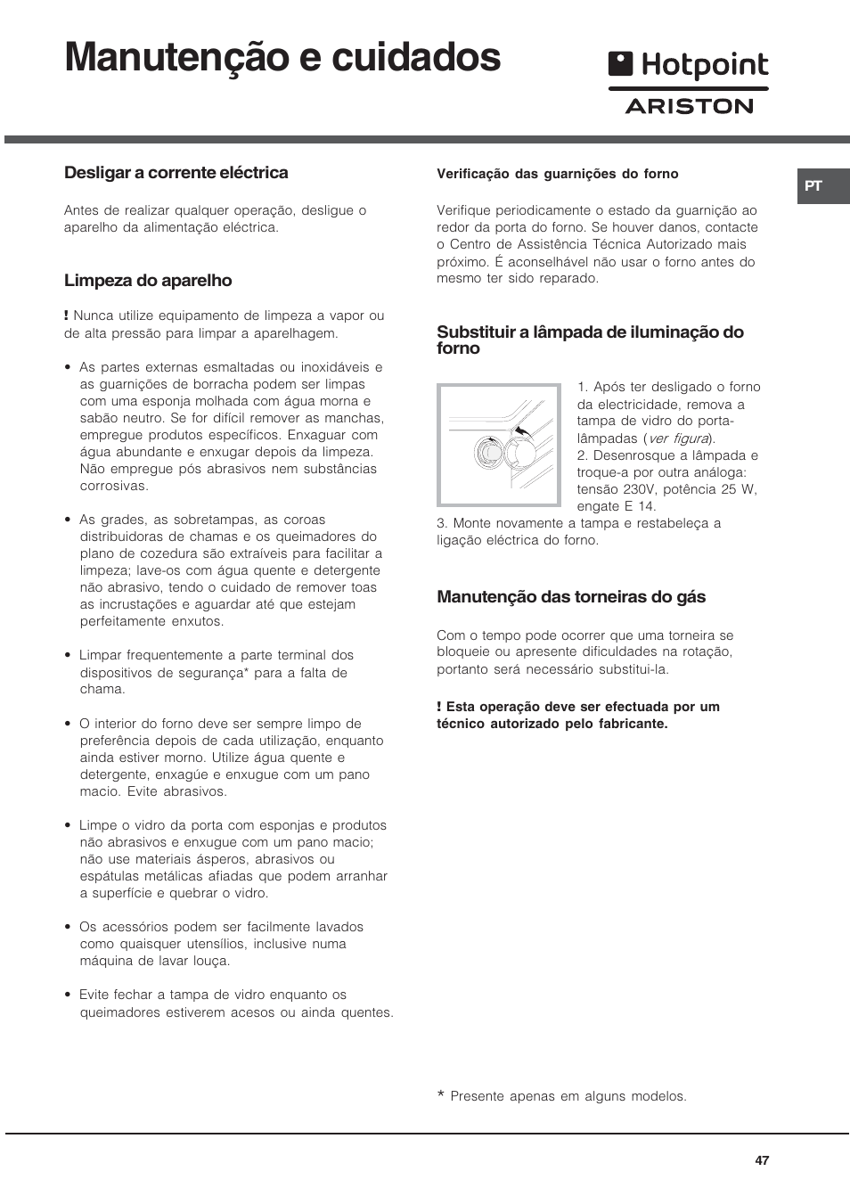 Manutenção e cuidados | Hotpoint Ariston CX65SP1 (W) I /HA User Manual | Page 47 / 60