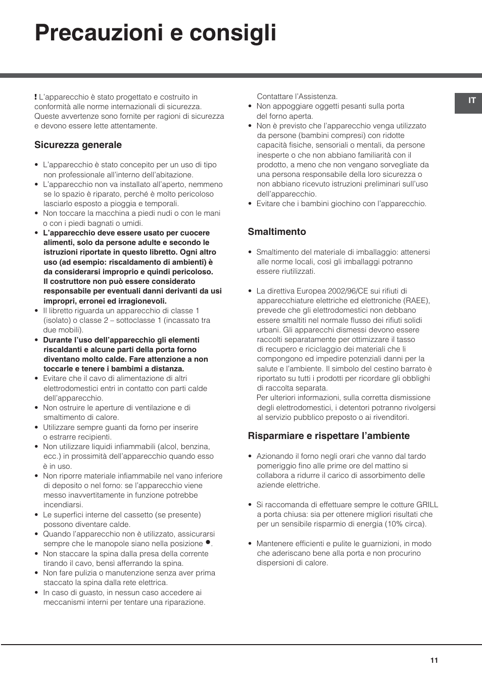 Precauzioni e consigli | Hotpoint Ariston CG64SG1 (W) I /HA User Manual | Page 11 / 48
